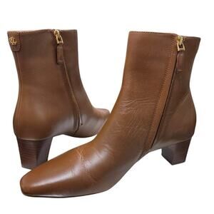 Lauren Ralph Lauren Willa Brown Leather Bootie — Wood Heel Zip Ankle 9
